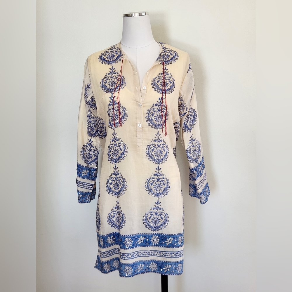 Alicia Bell Boho Cream and Blue Printed Tunic Top